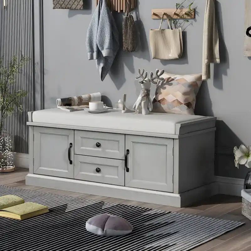 Banc de rangement avec 2 tiroirs et 2 placards, Banc à chaussures avec coussin amovible pour salon, entrée