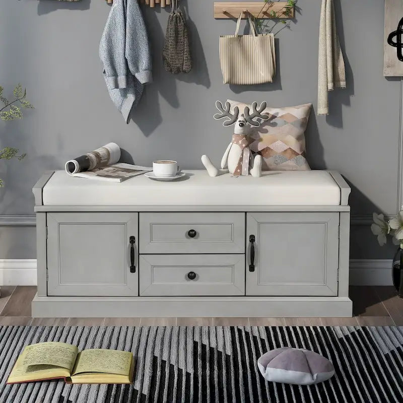 Banc de rangement avec 2 tiroirs et 2 placards, Banc à chaussures avec coussin amovible pour salon, entrée