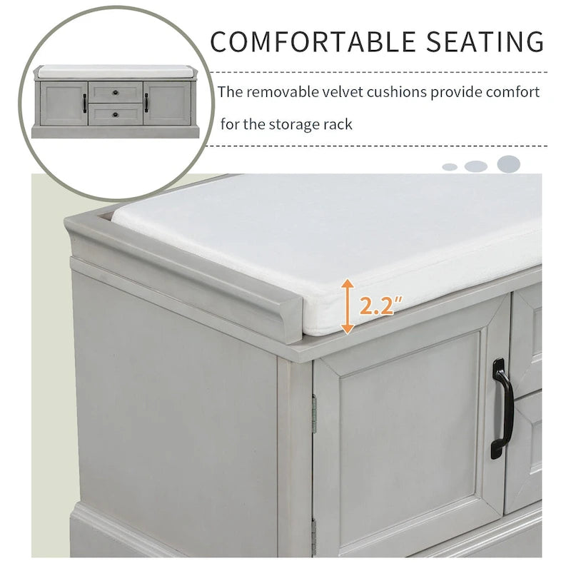 Banc de rangement avec 2 tiroirs et 2 placards, Banc à chaussures avec coussin amovible pour salon, entrée