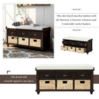 Banc de rangement rustique avec 3 tiroirs et 3 paniers en rotin, banc à chaussures pour salon, entrée
