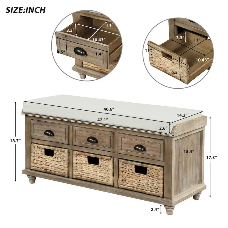 Banc de rangement rustique avec 3 tiroirs et 3 paniers en rotin, banc à chaussures pour salon, entrée