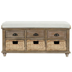 Banc de rangement rustique avec 3 tiroirs et 3 paniers en rotin, banc à chaussures pour salon, entrée