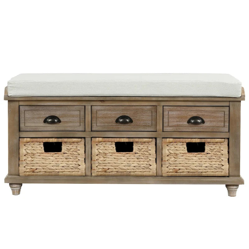 Banc de rangement rustique avec 3 tiroirs et 3 paniers en rotin, banc à chaussures pour salon, entrée