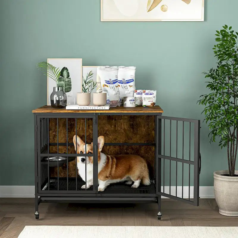 Meuble-cage pour chien avec plateau amovible, double porte, panneau relevable, rotation à 360 degrés et 3 gamelles réglables en hauteur