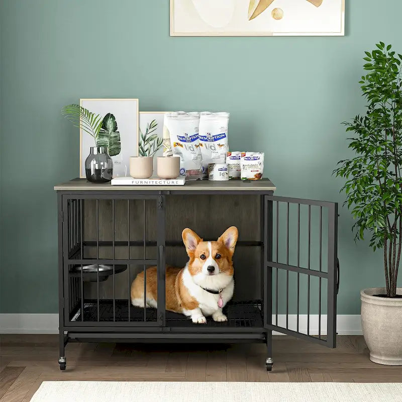Meuble-cage pour chien avec plateau amovible, double porte, panneau relevable, rotation à 360 degrés et 3 gamelles réglables en hauteur