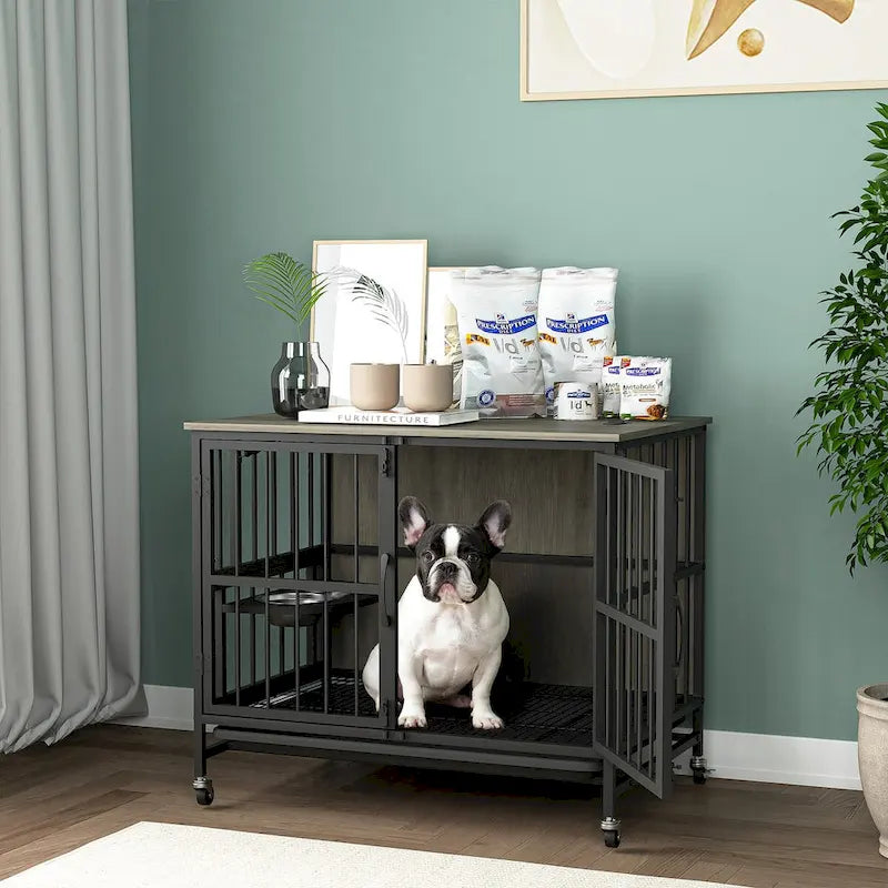 Meuble-cage pour chien avec plateau amovible, double porte, panneau relevable, rotation à 360 degrés et 3 gamelles réglables en hauteur