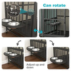 Meuble-cage pour chien avec plateau amovible, double porte, panneau relevable, rotation à 360 degrés et 3 gamelles réglables en hauteur
