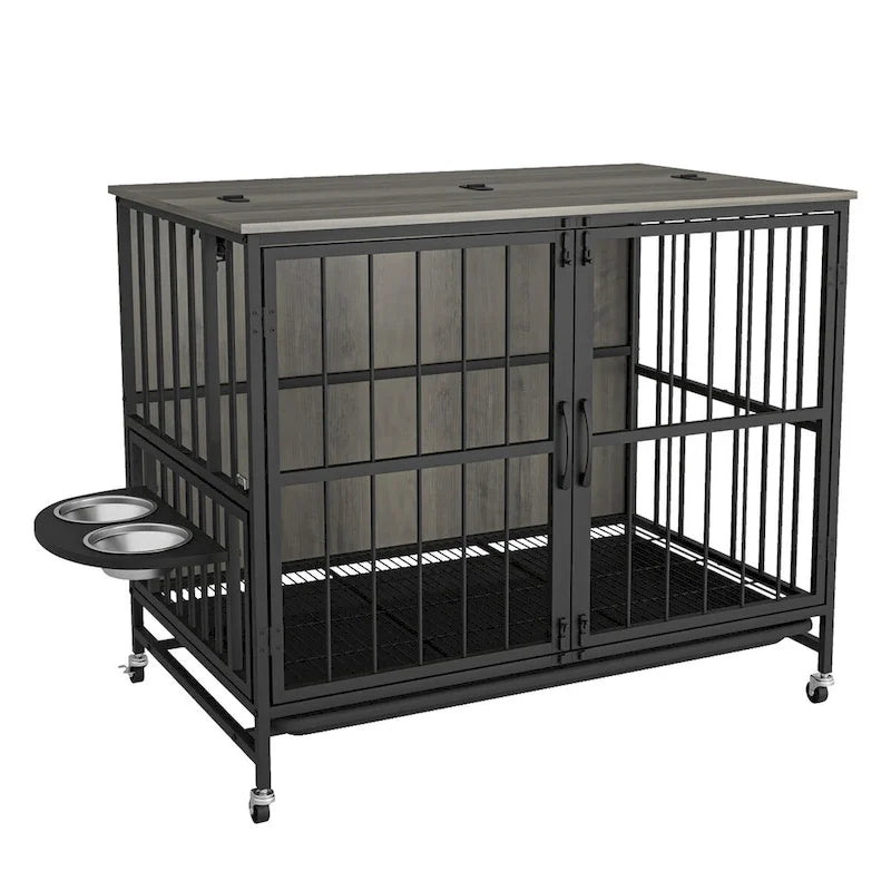 Meuble-cage pour chien avec plateau amovible, double porte, panneau relevable, rotation à 360 degrés et 3 gamelles réglables en hauteur