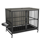 Meuble-cage pour chien avec plateau amovible, double porte, panneau relevable, rotation à 360 degrés et 3 gamelles réglables en hauteur