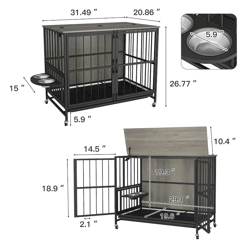 Meuble-cage pour chien avec plateau amovible, double porte, panneau relevable, rotation à 360 degrés et 3 gamelles réglables en hauteur