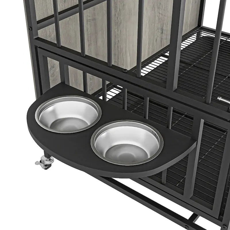 Meuble-cage pour chien avec plateau amovible, double porte, panneau relevable, rotation à 360 degrés et 3 gamelles réglables en hauteur