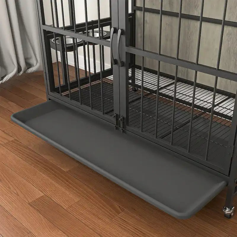 Meuble-cage pour chien avec plateau amovible, double porte, panneau relevable, rotation à 360 degrés et 3 gamelles réglables en hauteur