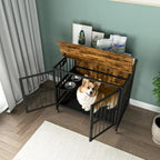 Meuble-cage pour chien avec plateau amovible, double porte, panneau relevable, rotation à 360 degrés et 3 gamelles réglables en hauteur