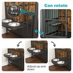 Meuble-cage pour chien avec plateau amovible, double porte, panneau relevable, rotation à 360 degrés et 3 gamelles réglables en hauteur