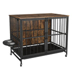 Meuble-cage pour chien avec plateau amovible, double porte, panneau relevable, rotation à 360 degrés et 3 gamelles réglables en hauteur