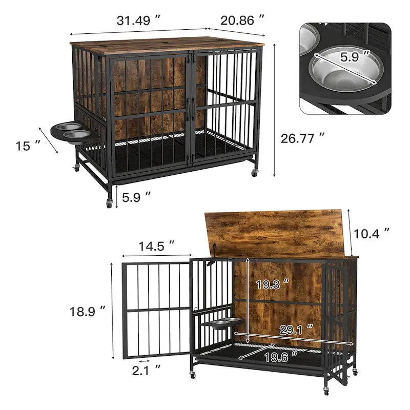 Meuble-cage pour chien avec plateau amovible, double porte, panneau relevable, rotation à 360 degrés et 3 gamelles réglables en hauteur