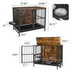 Meuble-cage pour chien avec plateau amovible, double porte, panneau relevable, rotation à 360 degrés et 3 gamelles réglables en hauteur