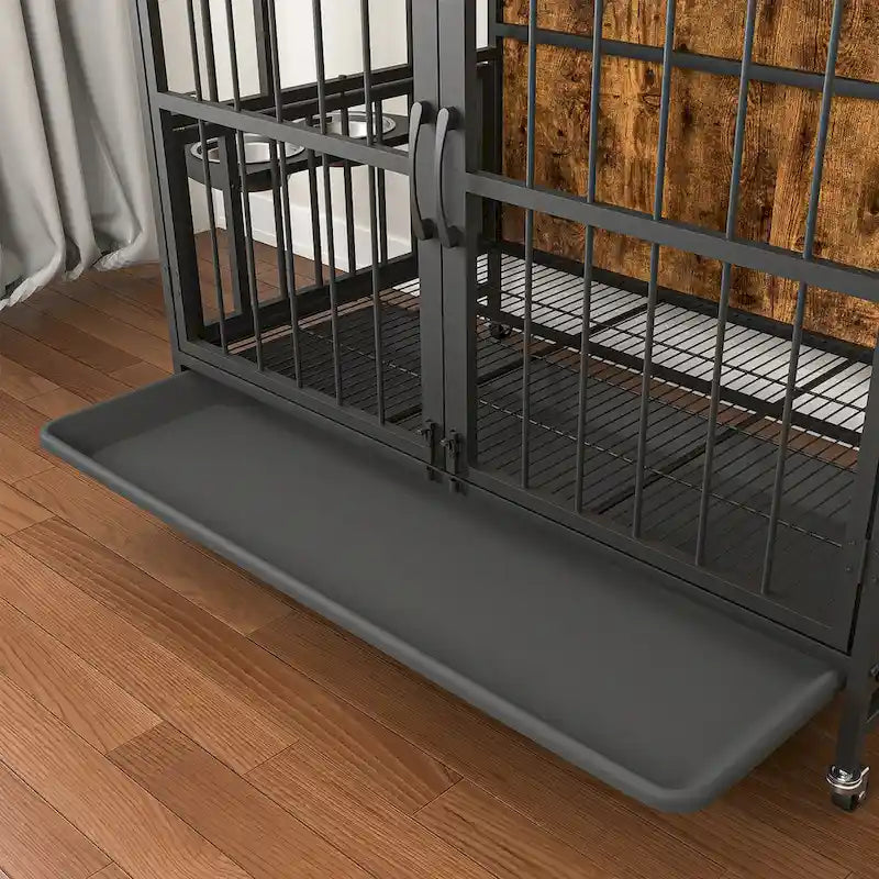 Meuble-cage pour chien avec plateau amovible, double porte, panneau relevable, rotation à 360 degrés et 3 gamelles réglables en hauteur