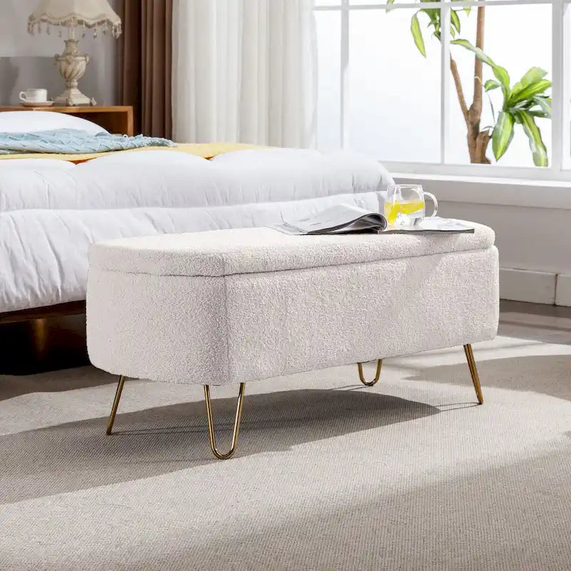 Banc de rangement ottoman pour bout de lit, pieds dorés, banc d'entrée en fausse fourrure rembourré avec rangement pour salon et chambre à coucher