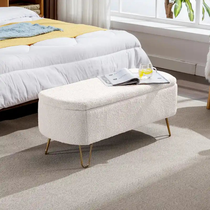 Banc de rangement ottoman pour bout de lit, pieds dorés, banc d'entrée en fausse fourrure rembourré avec rangement pour salon et chambre à coucher