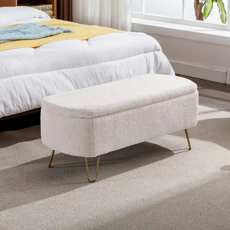 Banc de rangement ottoman pour bout de lit, pieds dorés, banc d'entrée en fausse fourrure rembourré avec rangement pour salon et chambre à coucher