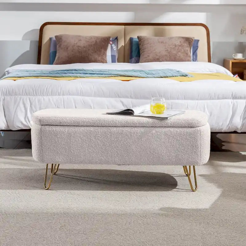 Banc de rangement ottoman pour bout de lit, pieds dorés, banc d'entrée en fausse fourrure rembourré avec rangement pour salon et chambre à coucher