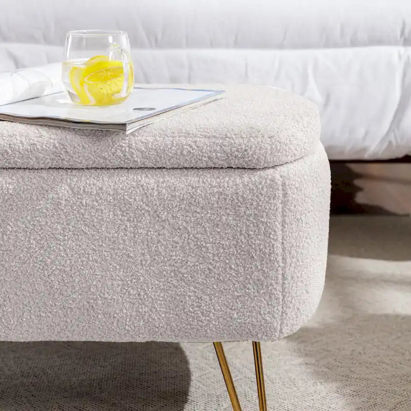 Banc de rangement ottoman pour bout de lit, pieds dorés, banc d'entrée en fausse fourrure rembourré avec rangement pour salon et chambre à coucher
