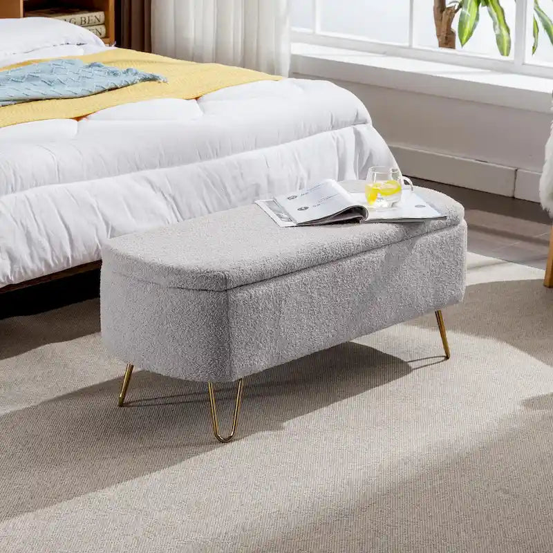 Banc de rangement ottoman pour bout de lit, pieds dorés, banc d'entrée en fausse fourrure rembourré avec rangement pour salon et chambre à coucher
