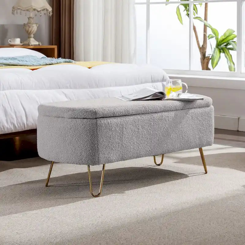 Banc de rangement ottoman pour bout de lit, pieds dorés, banc d'entrée en fausse fourrure rembourré avec rangement pour salon et chambre à coucher