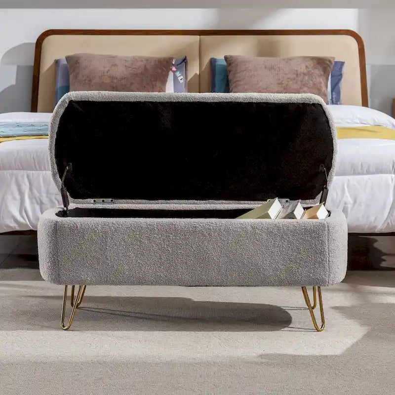 Banc de rangement ottoman pour bout de lit, pieds dorés, banc d'entrée en fausse fourrure rembourré avec rangement pour salon et chambre à coucher