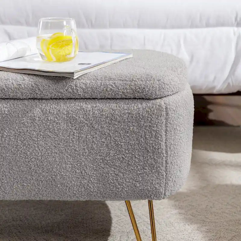 Banc de rangement ottoman pour bout de lit, pieds dorés, banc d'entrée en fausse fourrure rembourré avec rangement pour salon et chambre à coucher