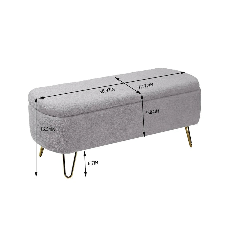 Banc de rangement ottoman pour bout de lit, pieds dorés, banc d'entrée en fausse fourrure rembourré avec rangement pour salon et chambre à coucher
