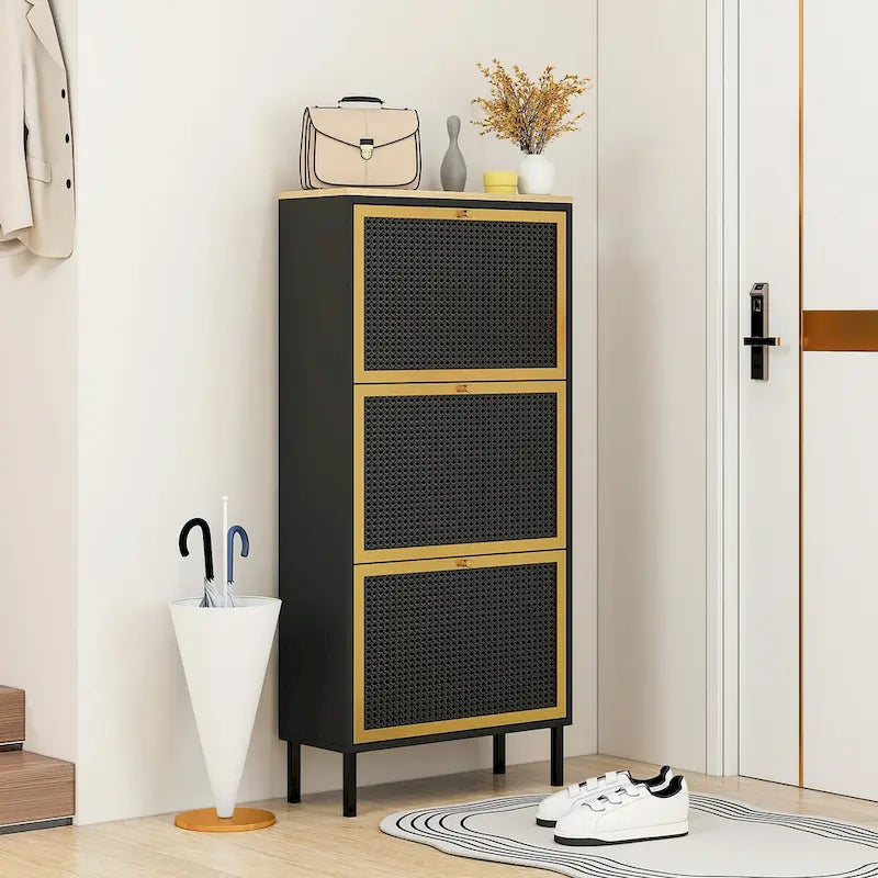 Meuble à chaussures 3 portes en métal, étagère à chaussures moderne autoportante, rotin métallique, pour entrée