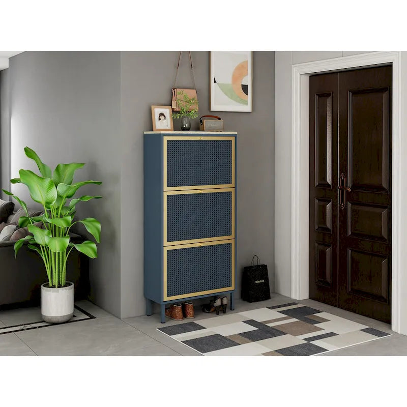 Meuble à chaussures 3 portes en métal, étagère à chaussures moderne autoportante, rotin métallique, pour entrée