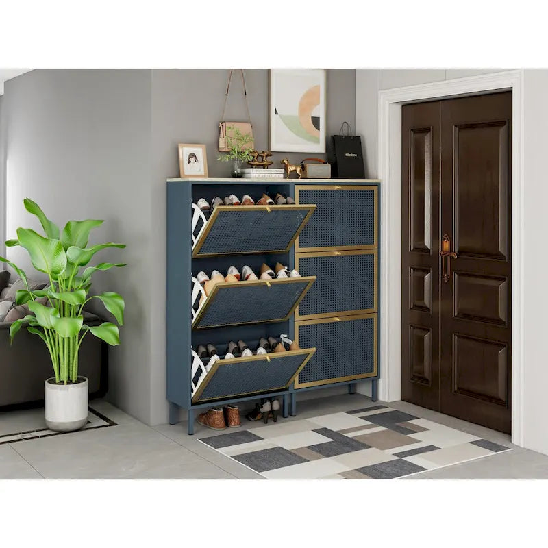 Meuble à chaussures 3 portes en métal, étagère à chaussures moderne autoportante, rotin métallique, pour entrée