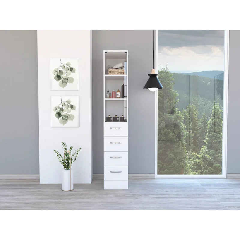 Meuble de rangement Vanguard pour le linge, trois étagères, quatre tiroirs – Blanc
