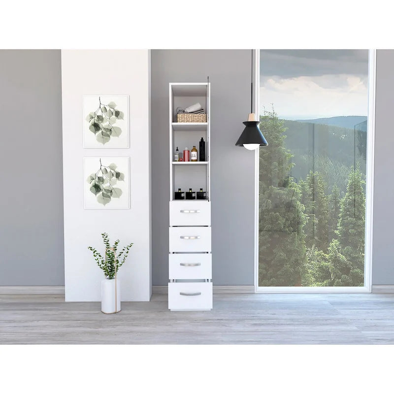Meuble de rangement Vanguard pour le linge, trois étagères, quatre tiroirs – Blanc