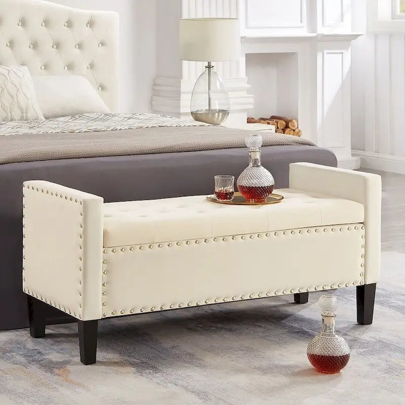Banc Ottoman de Rangement Capitonnée à Boutons - 48L x 18.5W x 22 H
