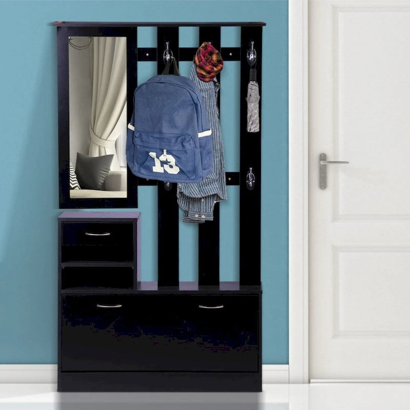 Meuble d'entrée 3 en 1 avec meuble à chaussures + étagère murale + miroir, Noir