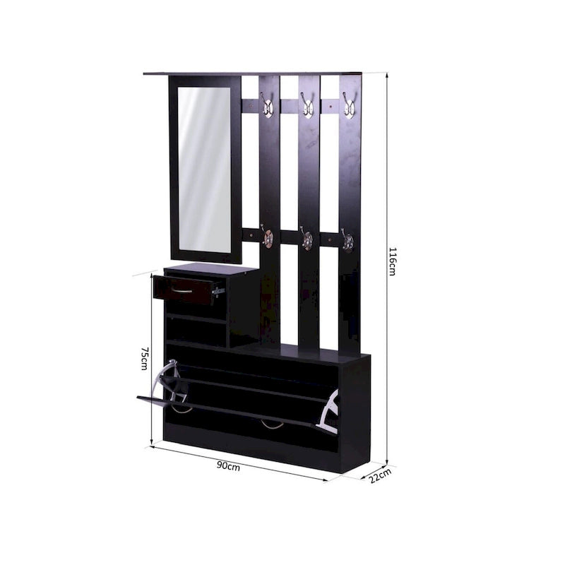 Meuble d'entrée 3 en 1 avec meuble à chaussures + étagère murale + miroir, Noir
