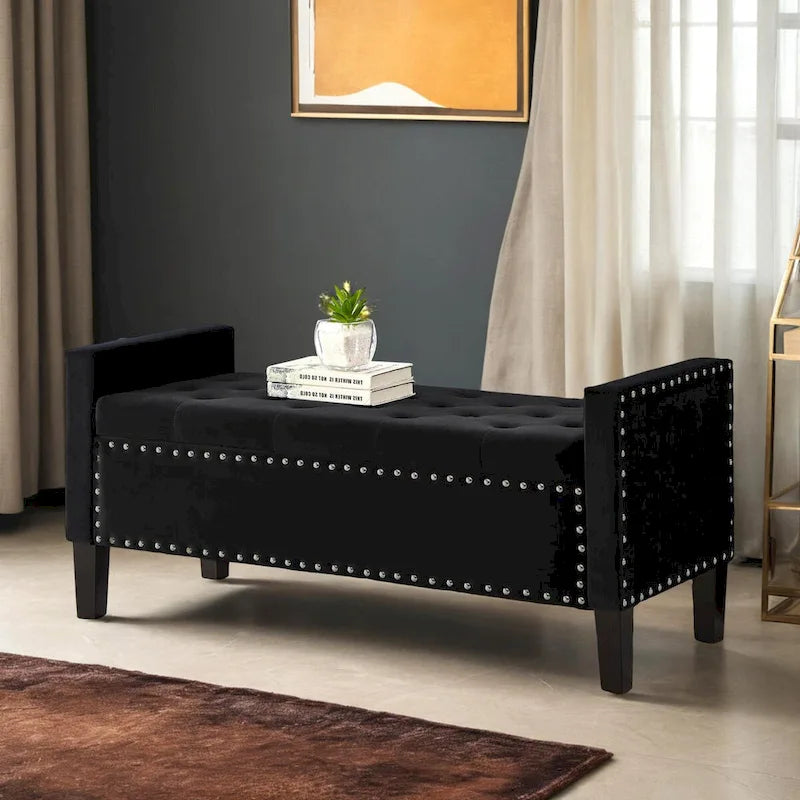 Banc de rangement capitonné avec rangement, Banc de rangement rembourré avec clous décoratifs, Tabouret de bout de lit