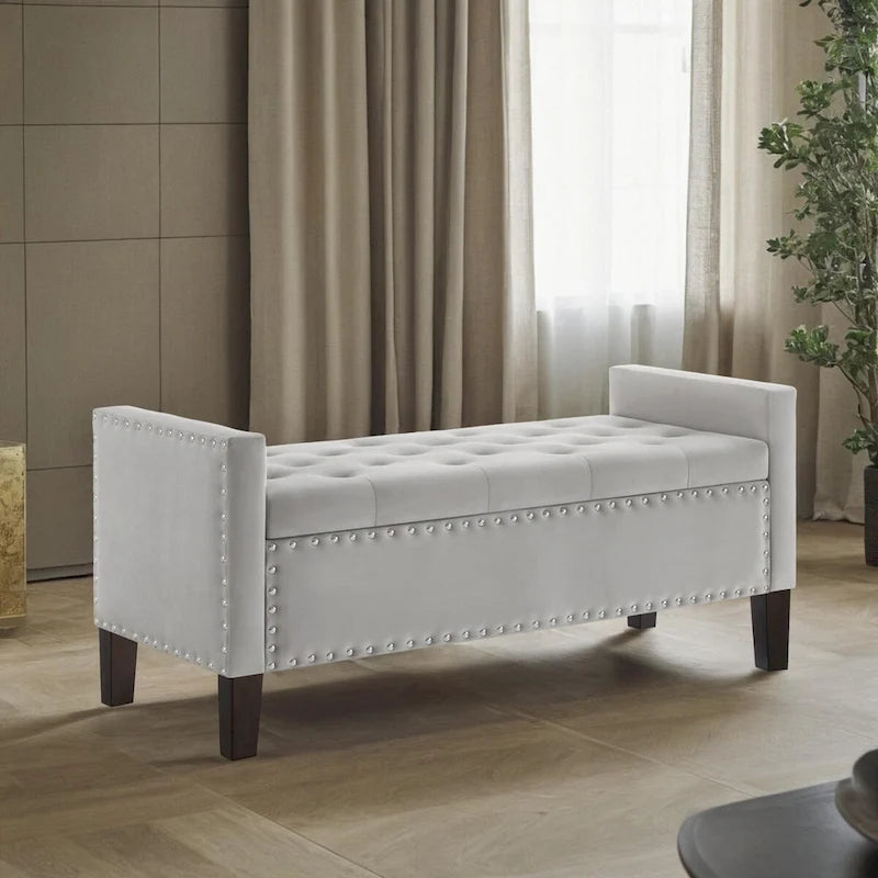 Banc de rangement capitonné avec rangement, Banc de rangement rembourré avec clous décoratifs, Tabouret de bout de lit