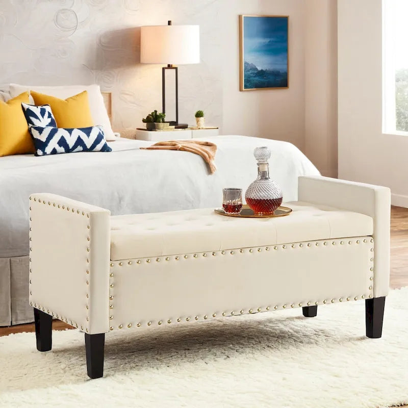 Banc de rangement capitonné avec rangement, Banc de rangement rembourré avec clous décoratifs, Tabouret de bout de lit