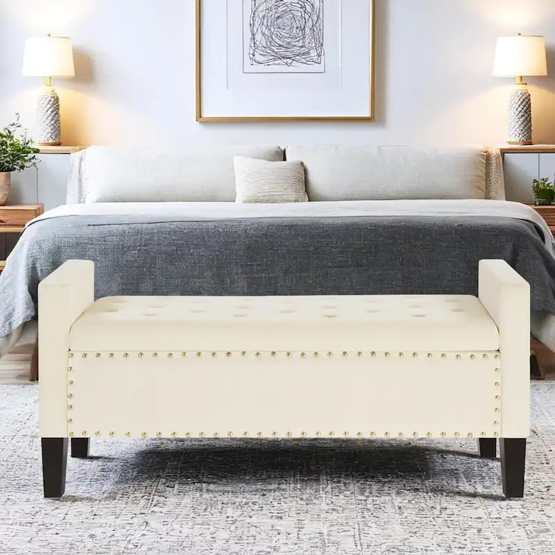 Banc de rangement capitonné avec rangement, Banc de rangement rembourré avec clous décoratifs, Tabouret de bout de lit