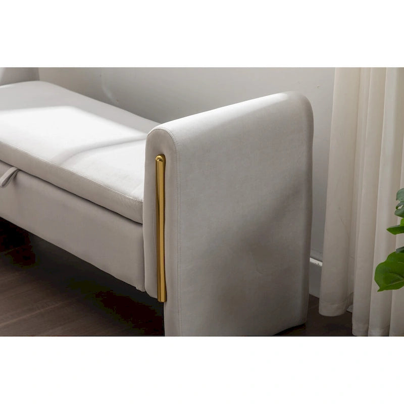 Banc de rangement en velours pour chambre à coucher avec garniture en métal doré pour salon, chambre à coucher, intérieur, gris clair