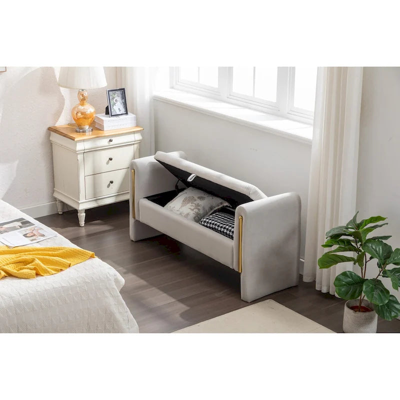 Banc de rangement en velours pour chambre à coucher avec garniture en métal doré pour salon, chambre à coucher, intérieur, gris clair