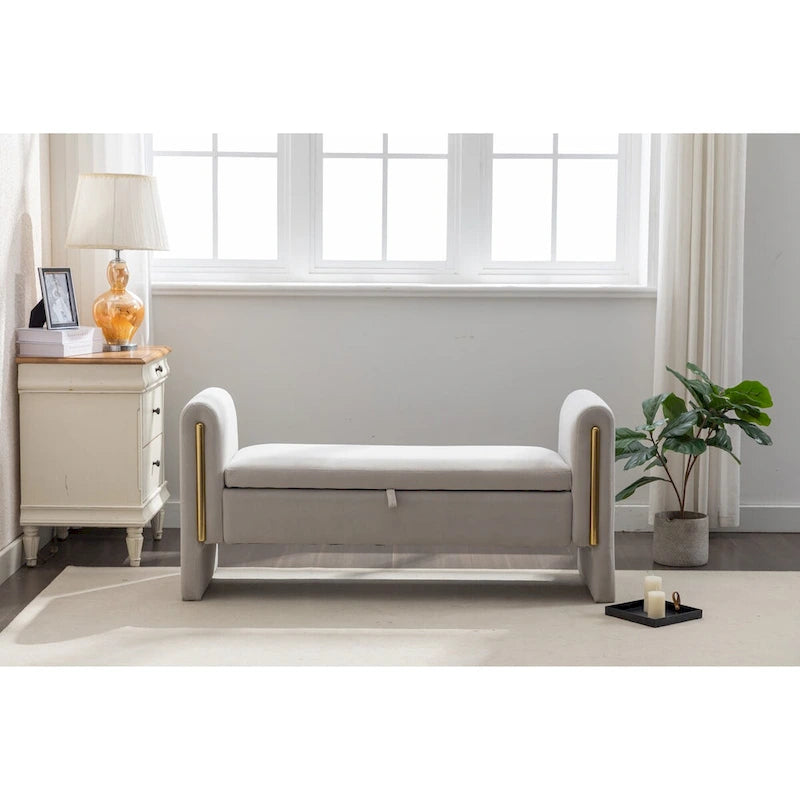 Banc de rangement en velours pour chambre à coucher avec garniture en métal doré pour salon, chambre à coucher, intérieur, gris clair