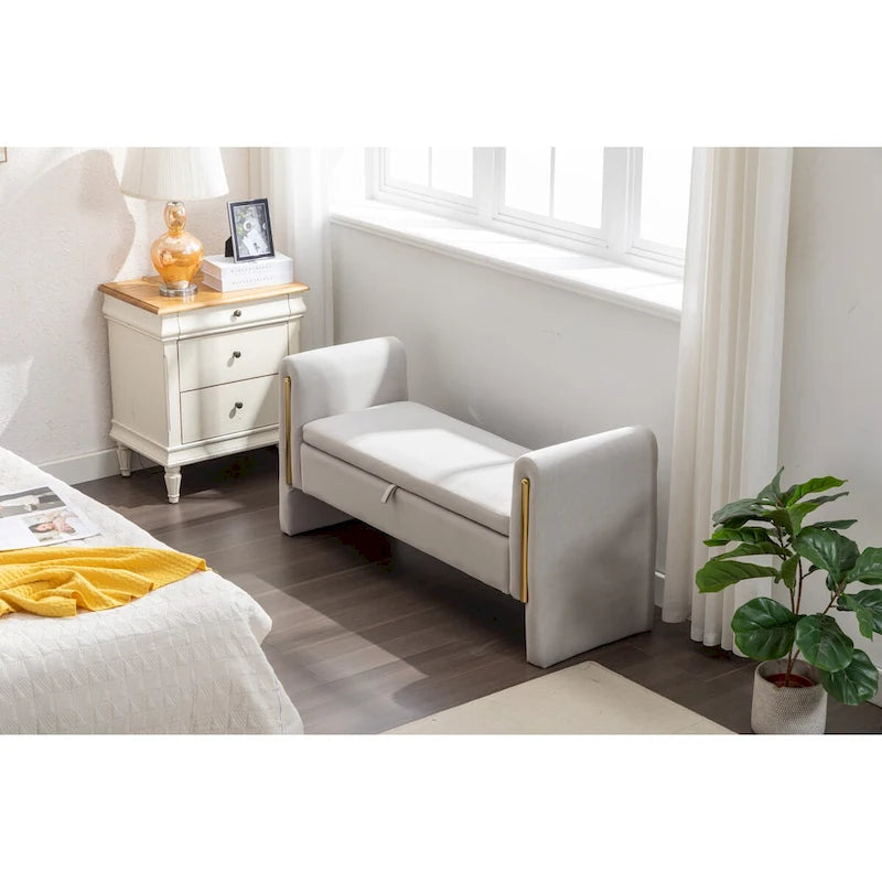 Banc de rangement en velours pour chambre à coucher avec garniture en métal doré pour salon, chambre à coucher, intérieur, gris clair