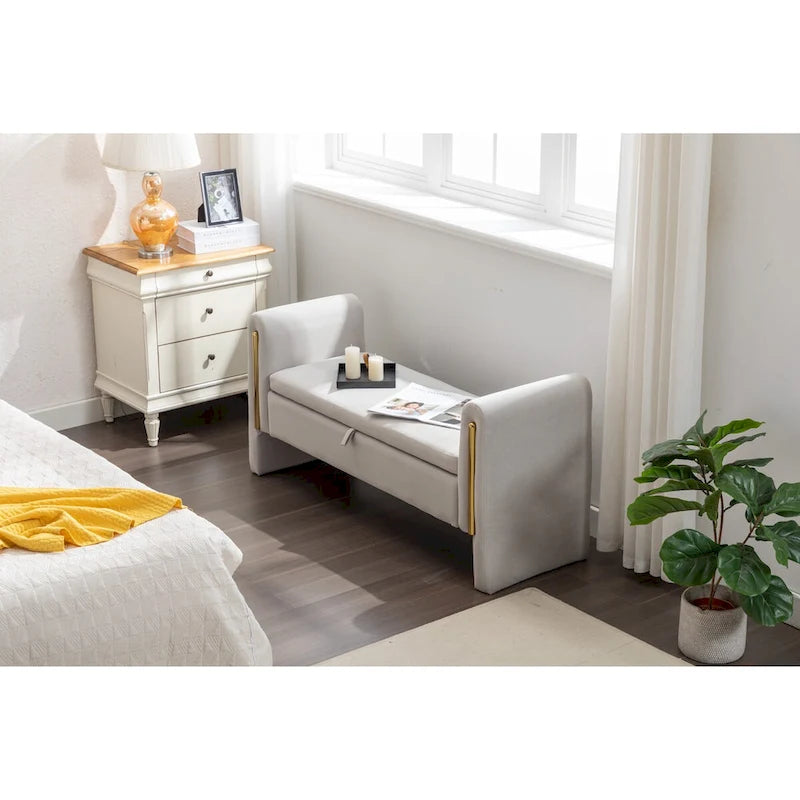 Banc de rangement en velours pour chambre à coucher avec garniture en métal doré pour salon, chambre à coucher, intérieur, gris clair
