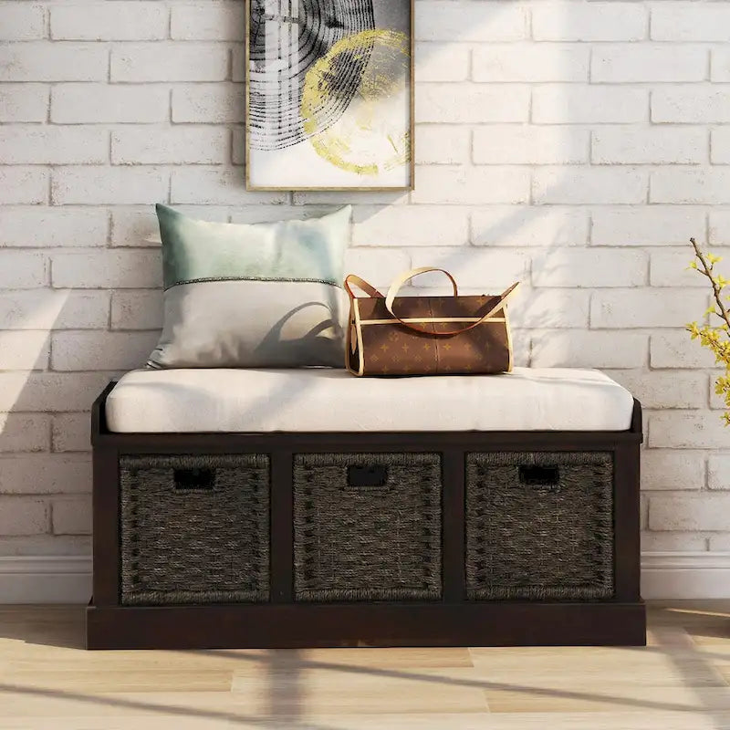 Banc de rangement rustique avec 3 paniers classiques en rotin amovibles, banc d'entrée avec coussin amovible